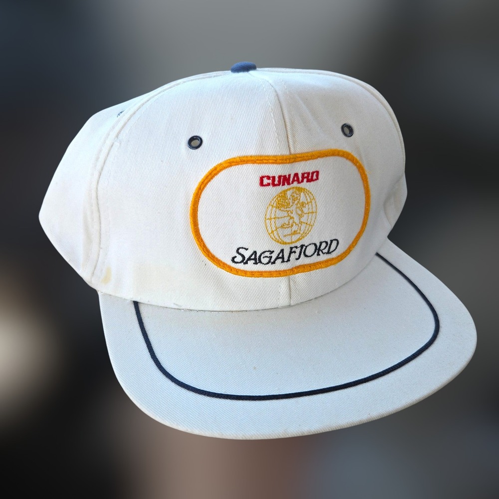 VTG Cunard Sagafjord Hat OSFA‎ White Cruise Line Snapback Green Underbrim Retro